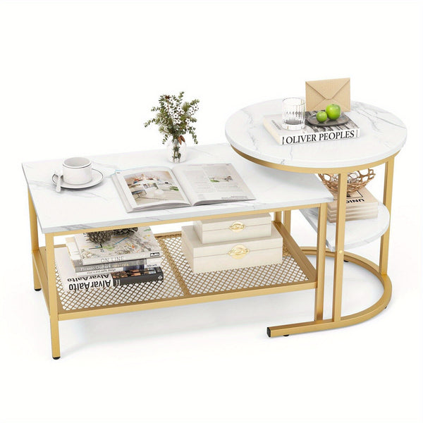 GOFLAME Set of 2 Nesting Coffee Tables – Modern Faux Marble Design