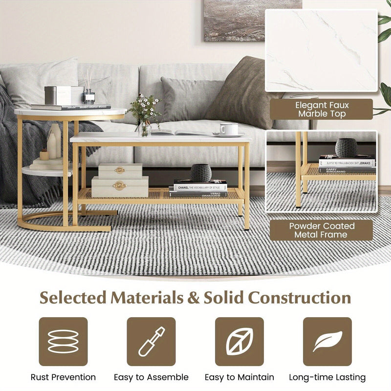 GOFLAME Set of 2 Nesting Coffee Tables – Modern Faux Marble Design