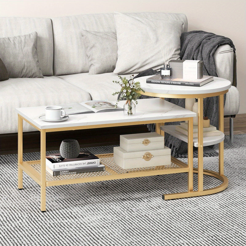 GOFLAME Set of 2 Nesting Coffee Tables – Modern Faux Marble Design