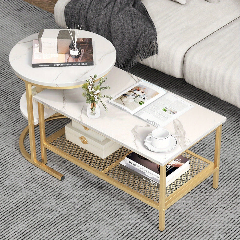 GOFLAME Set of 2 Nesting Coffee Tables – Modern Faux Marble Design