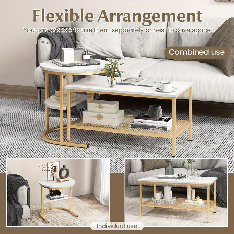 GOFLAME Set of 2 Nesting Coffee Tables – Modern Faux Marble Design