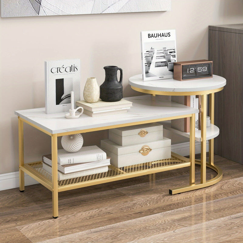 GOFLAME Set of 2 Nesting Coffee Tables – Modern Faux Marble Design