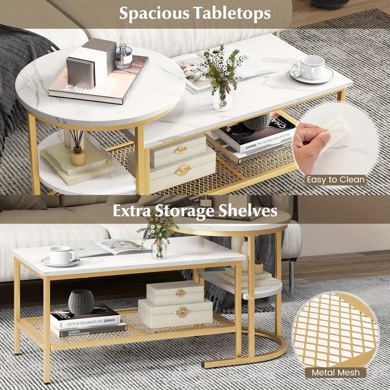 GOFLAME Set of 2 Nesting Coffee Tables – Modern Faux Marble Design