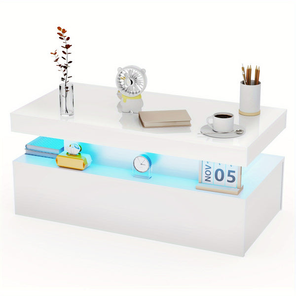 Modern White High Gloss Coffee Table – LED RGB Lights, 2 Drawers & Open Shelf