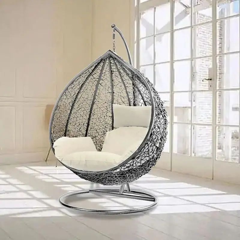 Rattan Egg Swing Chair with Stand & Cushion – Grey Hanging Hammock