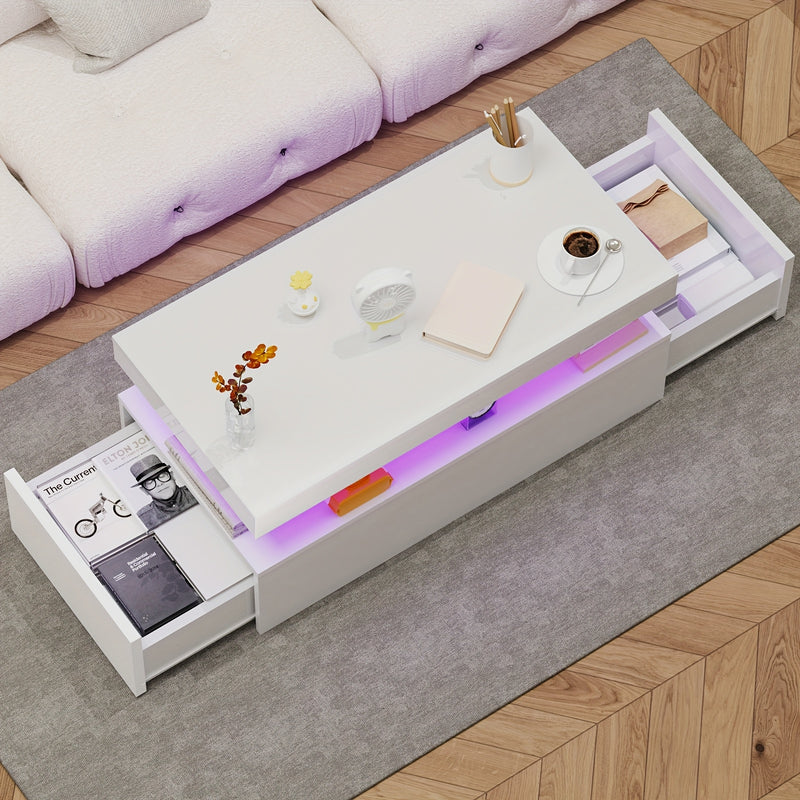 Modern White High Gloss Coffee Table – LED RGB Lights, 2 Drawers & Open Shelf