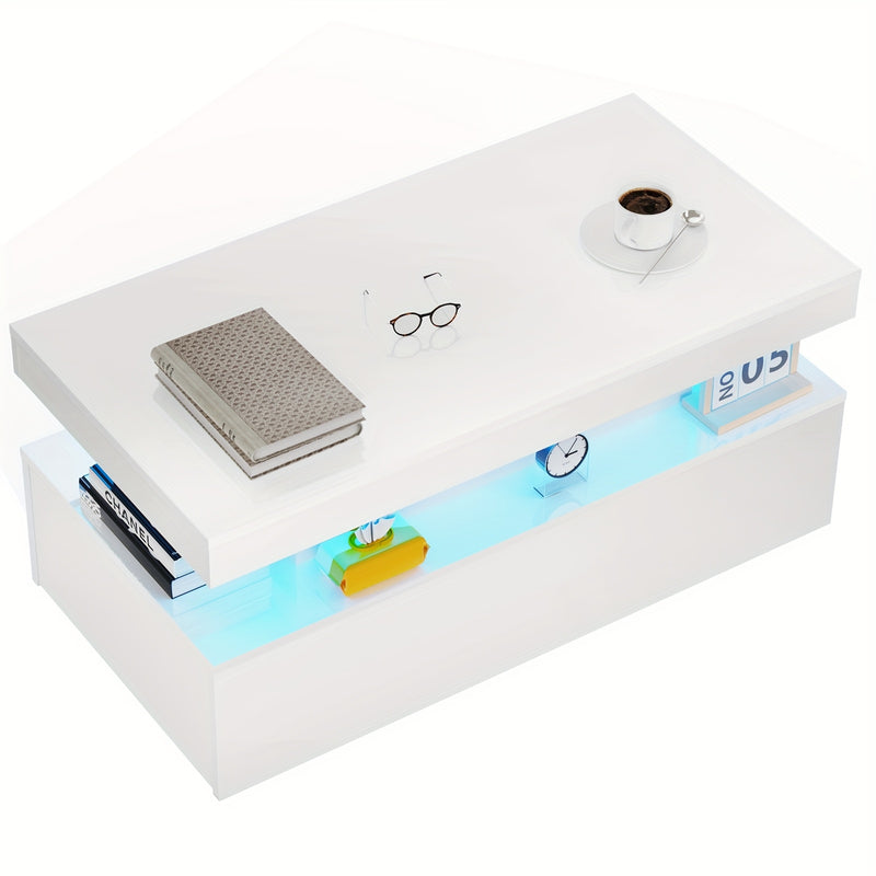 Modern White High Gloss Coffee Table – LED RGB Lights, 2 Drawers & Open Shelf