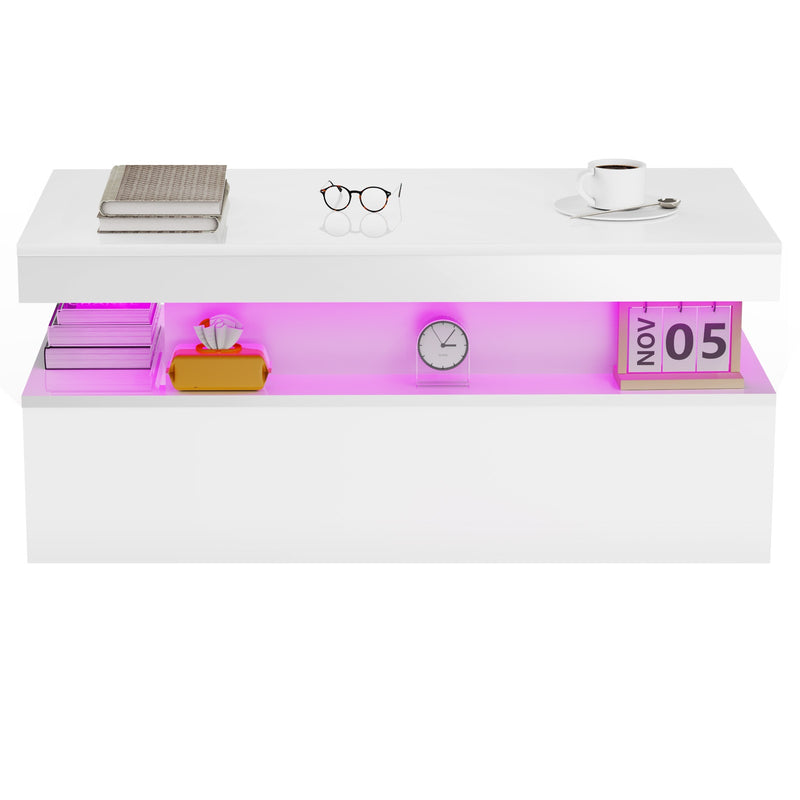 Modern White High Gloss Coffee Table – LED RGB Lights, 2 Drawers & Open Shelf