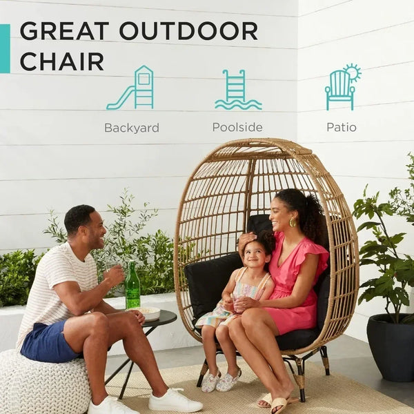 Wicker Egg Chair – Oversized Outdoor Lounger with Cushions (Black)
