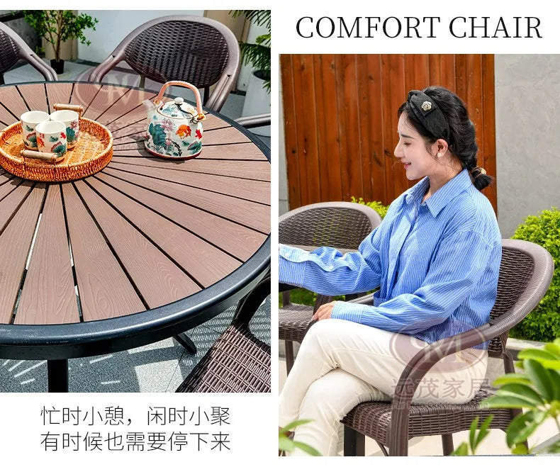 Outdoor Rattan Dining Set – Round Table & Chairs for Patio or Villa
