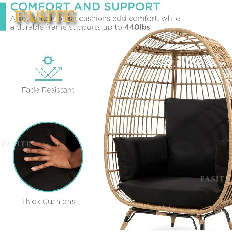 Wicker Egg Chair – Oversized Outdoor Lounger with Cushions (Black)