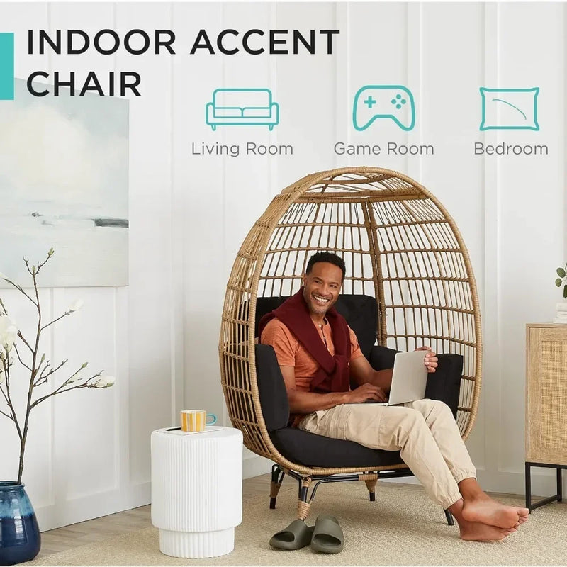 Wicker Egg Chair – Oversized Outdoor Lounger with Cushions (Black)