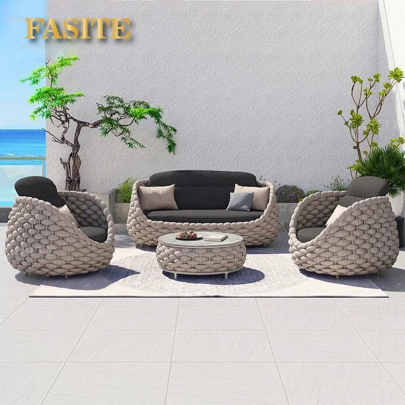Nordic Rattan Outdoor Beach Chairs Villa Backrest Sofa Designer Coffee Table