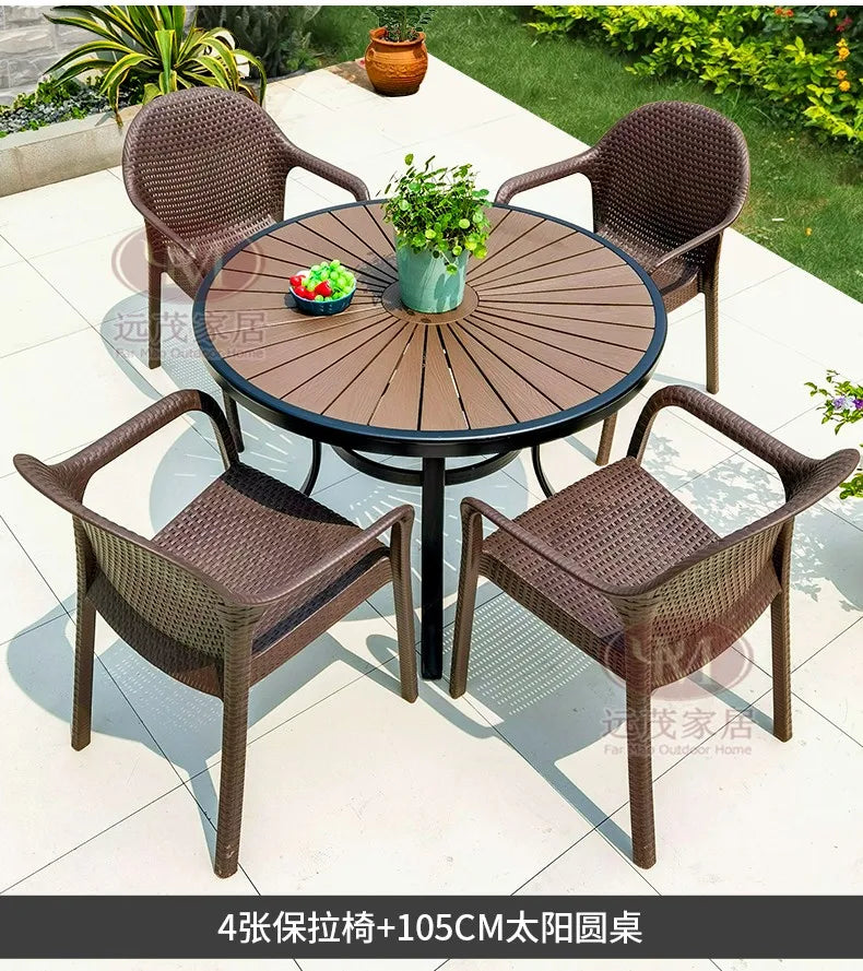 Outdoor Rattan Dining Set – Round Table & Chairs for Patio or Villa