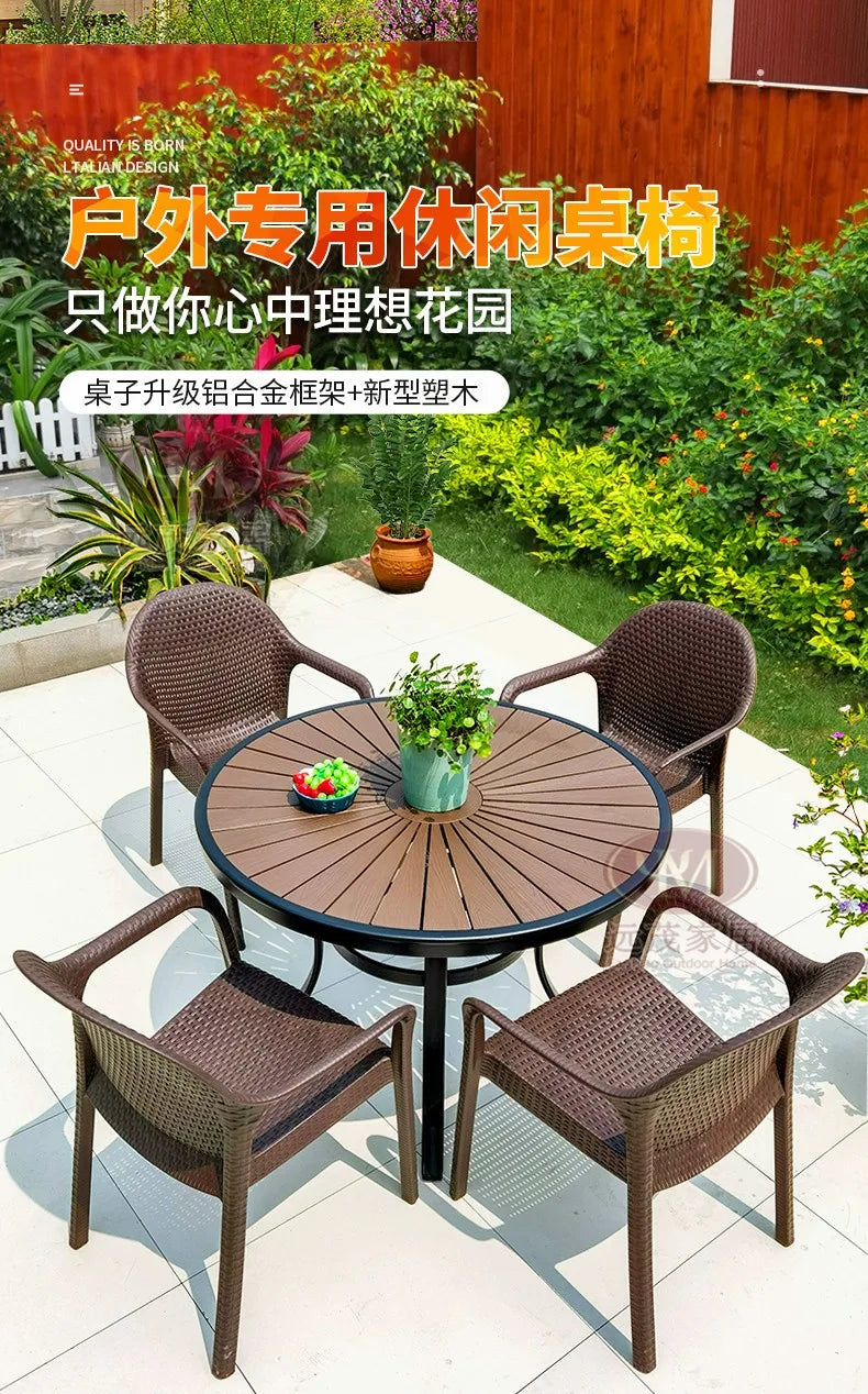 Outdoor Rattan Dining Set – Round Table & Chairs for Patio or Villa