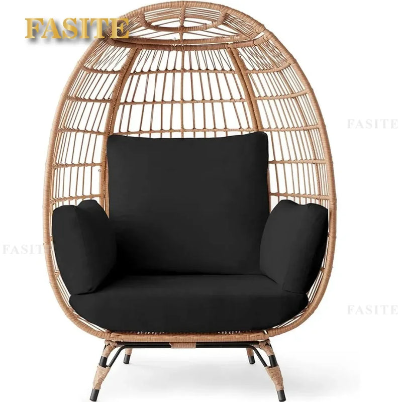 Wicker Egg Chair – Oversized Outdoor Lounger with Cushions (Black)