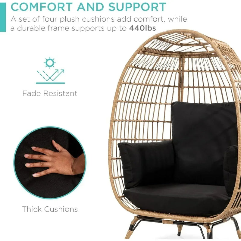 Wicker Egg Chair – Oversized Outdoor Lounger with Cushions (Black)