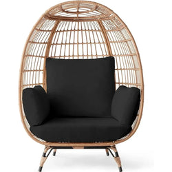 Wicker Egg Chair – Oversized Outdoor Lounger with Cushions (Black)