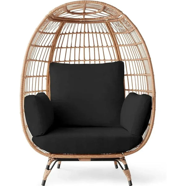 Wicker Egg Chair – Oversized Outdoor Lounger with Cushions (Black)