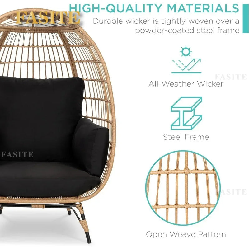 Wicker Egg Chair – Oversized Outdoor Lounger with Cushions (Black)