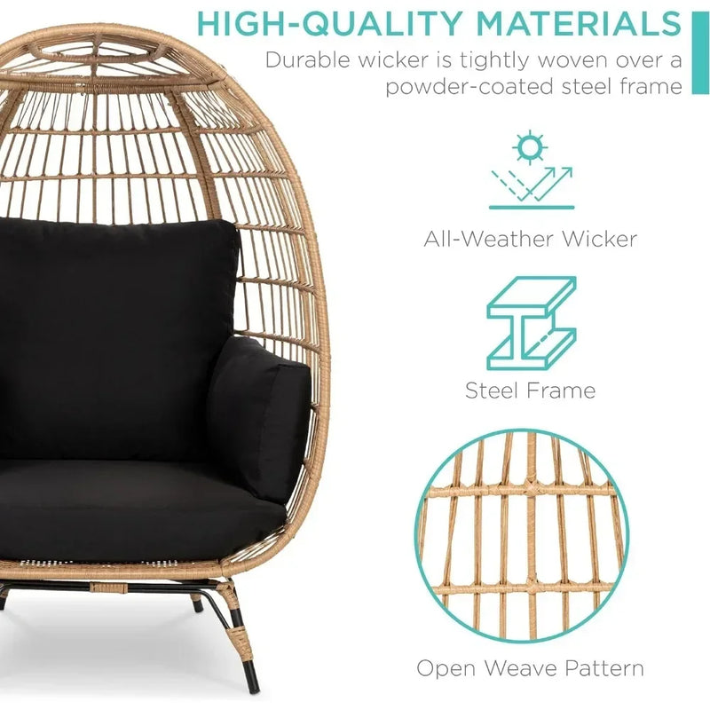 Wicker Egg Chair – Oversized Outdoor Lounger with Cushions (Black)