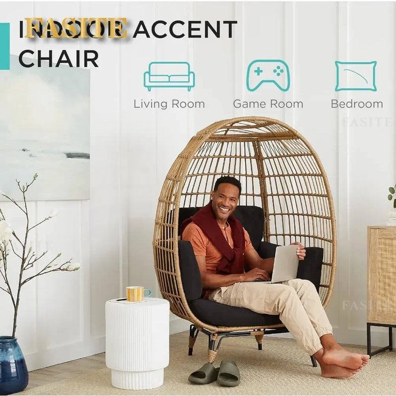 Wicker Egg Chair – Oversized Outdoor Lounger with Cushions (Black)