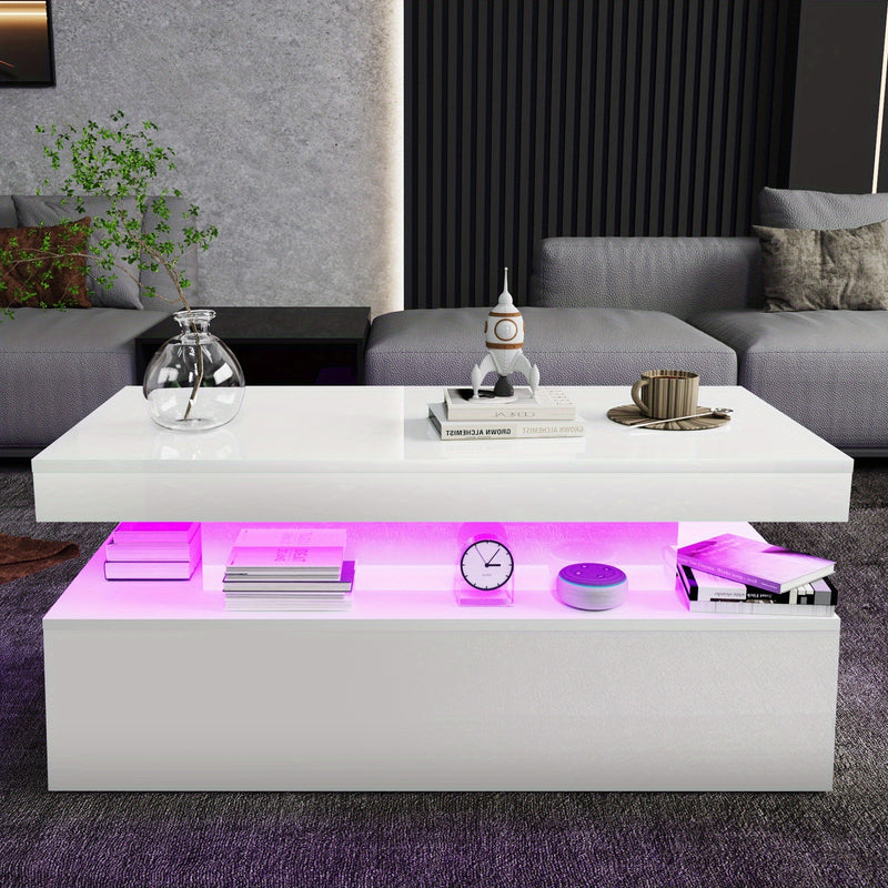 Modern White High Gloss Coffee Table – LED RGB Lights, 2 Drawers & Open Shelf