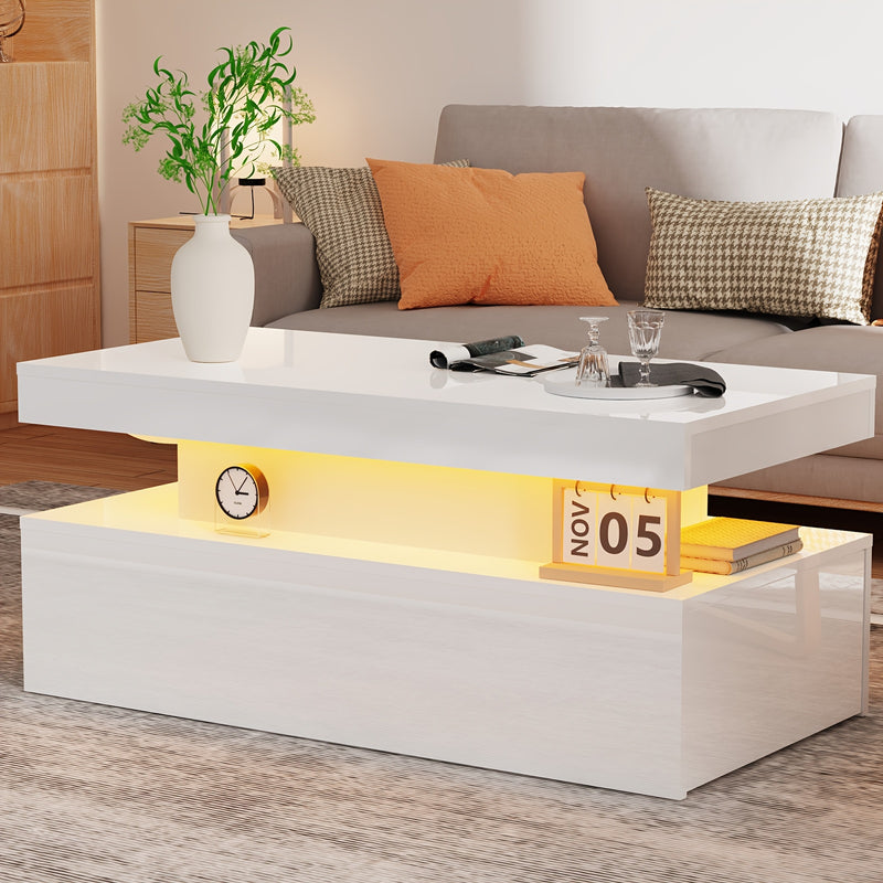 Modern White High Gloss Coffee Table – LED RGB Lights, 2 Drawers & Open Shelf
