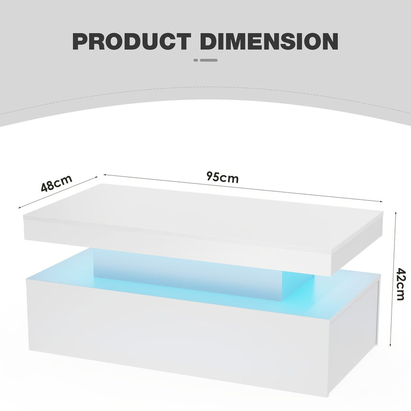 Modern White High Gloss Coffee Table – LED RGB Lights, 2 Drawers & Open Shelf