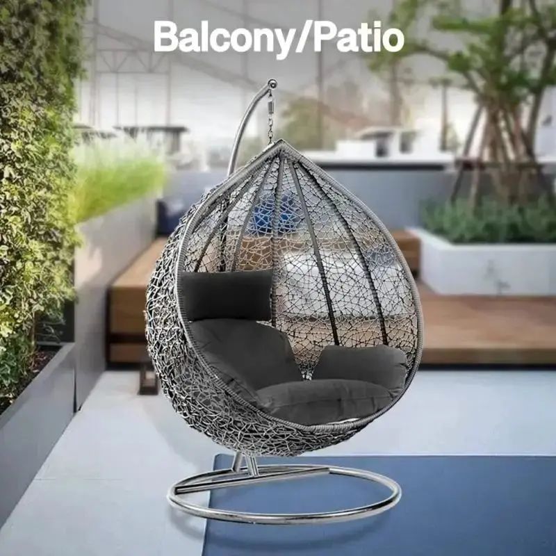 Rattan Egg Swing Chair with Stand & Cushion – Grey Hanging Hammock