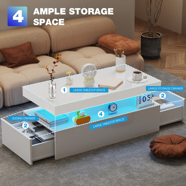 Modern White High Gloss Coffee Table – LED RGB Lights, 2 Drawers & Open Shelf