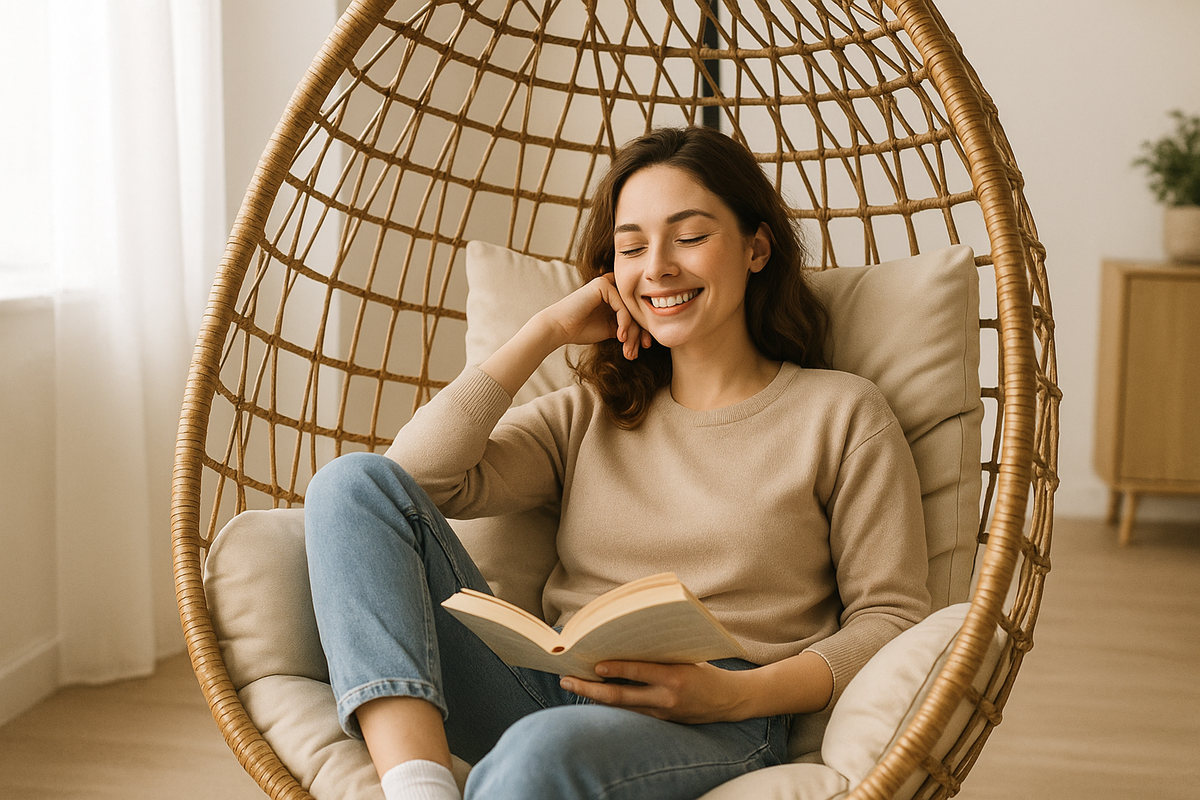 generate 750 x 1100px image in which a girl is enjoying in hanging egg chair